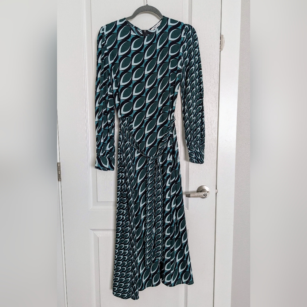 ZARA Belted Geometric Mixed Media Dress Green Black S